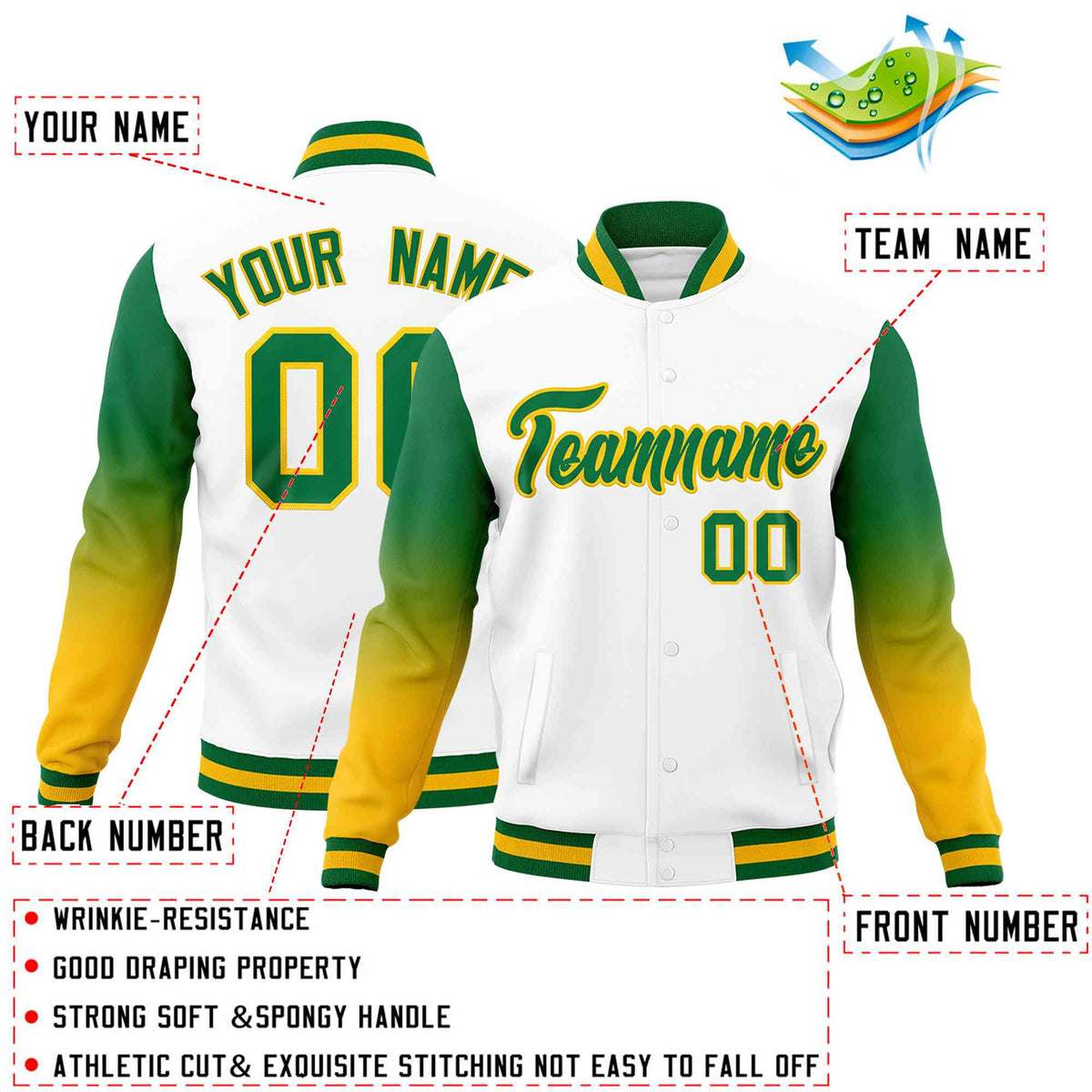 Custom White Kelly Green Gold Full-Snap Varsity Raglan Sleeves Gradient Letterman Jacket