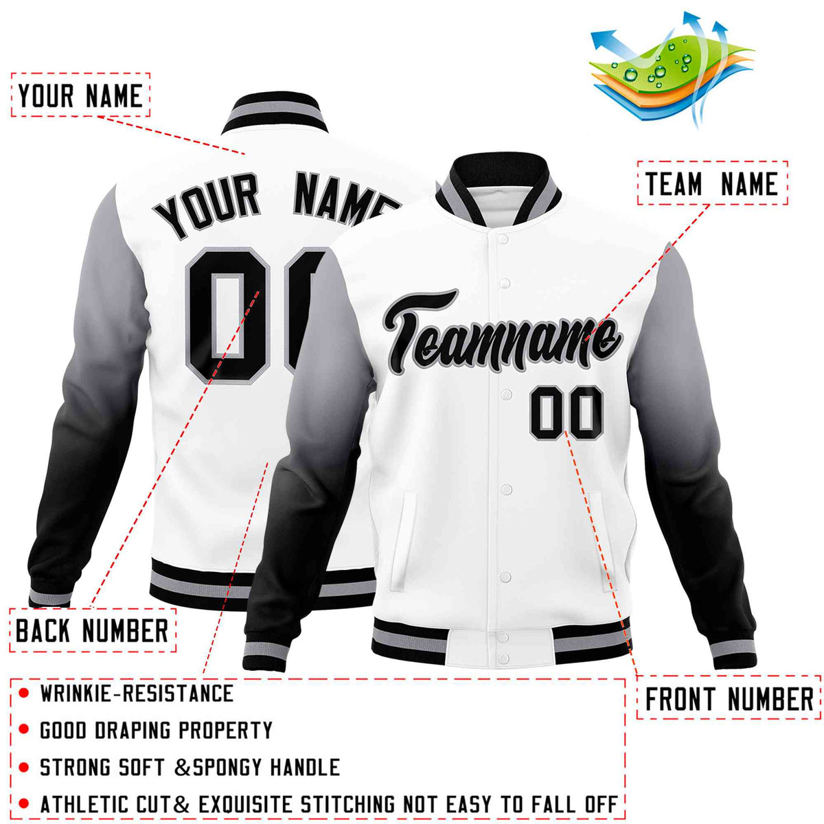 Custom White Black Gray Full-Snap Varsity Raglan Sleeves Gradient Letterman Jacket