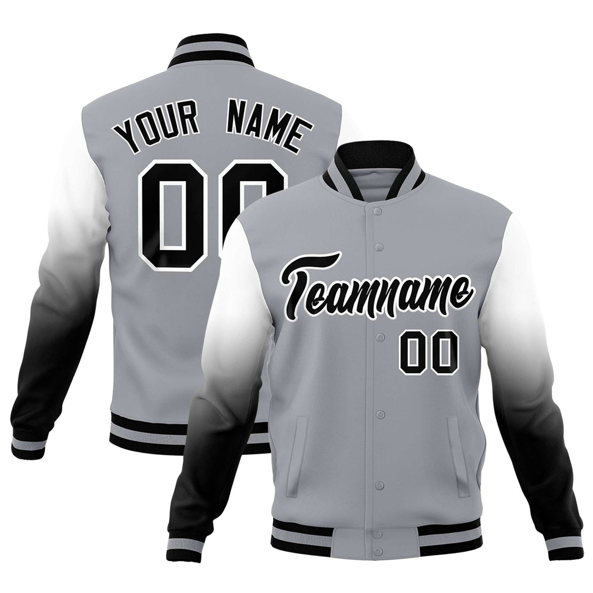 Custom Gray Black White Full-Snap Varsity Raglan Sleeves Gradient Letterman Jacket