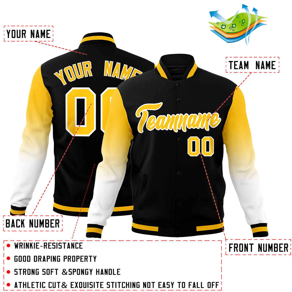 Custom Black Gold White Full-Snap Varsity Raglan Sleeves Gradient Letterman Jacket