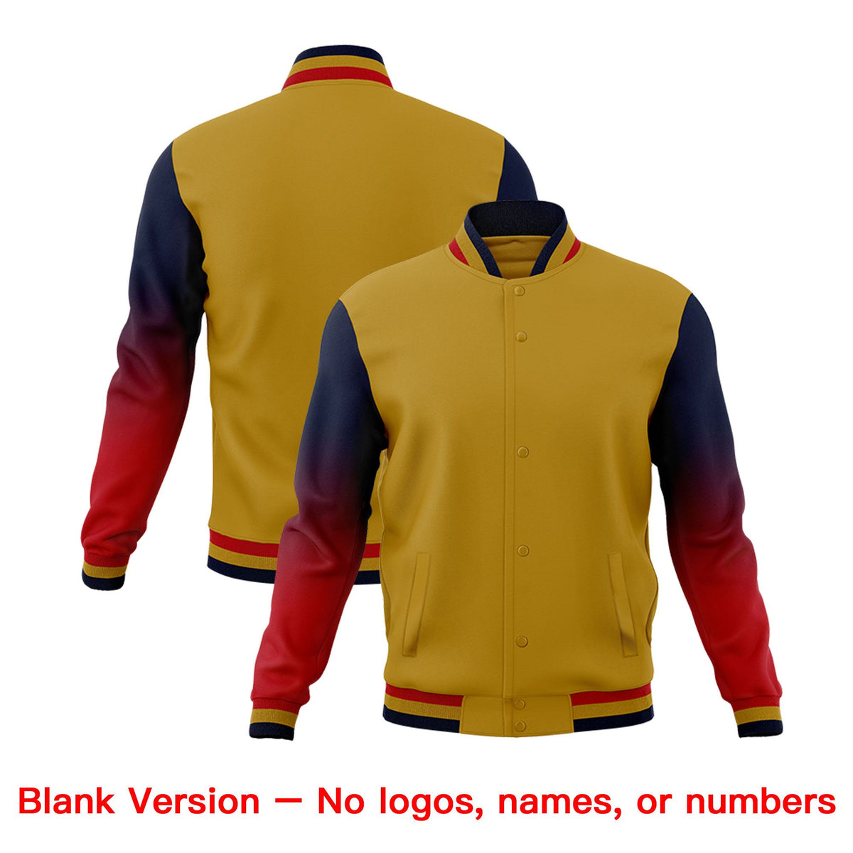 Custom Old Gold Red Navy Full-Snap Varsity Raglan Sleeves Gradient Letterman Jacket