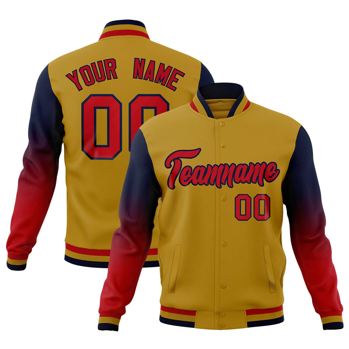 Custom Old Gold Red Navy Full-Snap Varsity Raglan Sleeves Gradient Letterman Jacket