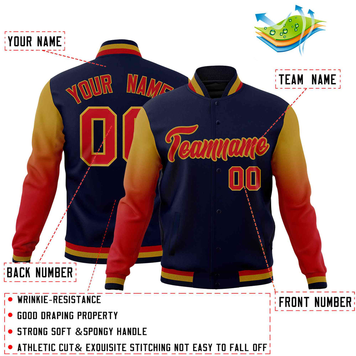 Custom Navy Red Old Gold Full-Snap Varsity Raglan Sleeves Gradient Letterman Jacket