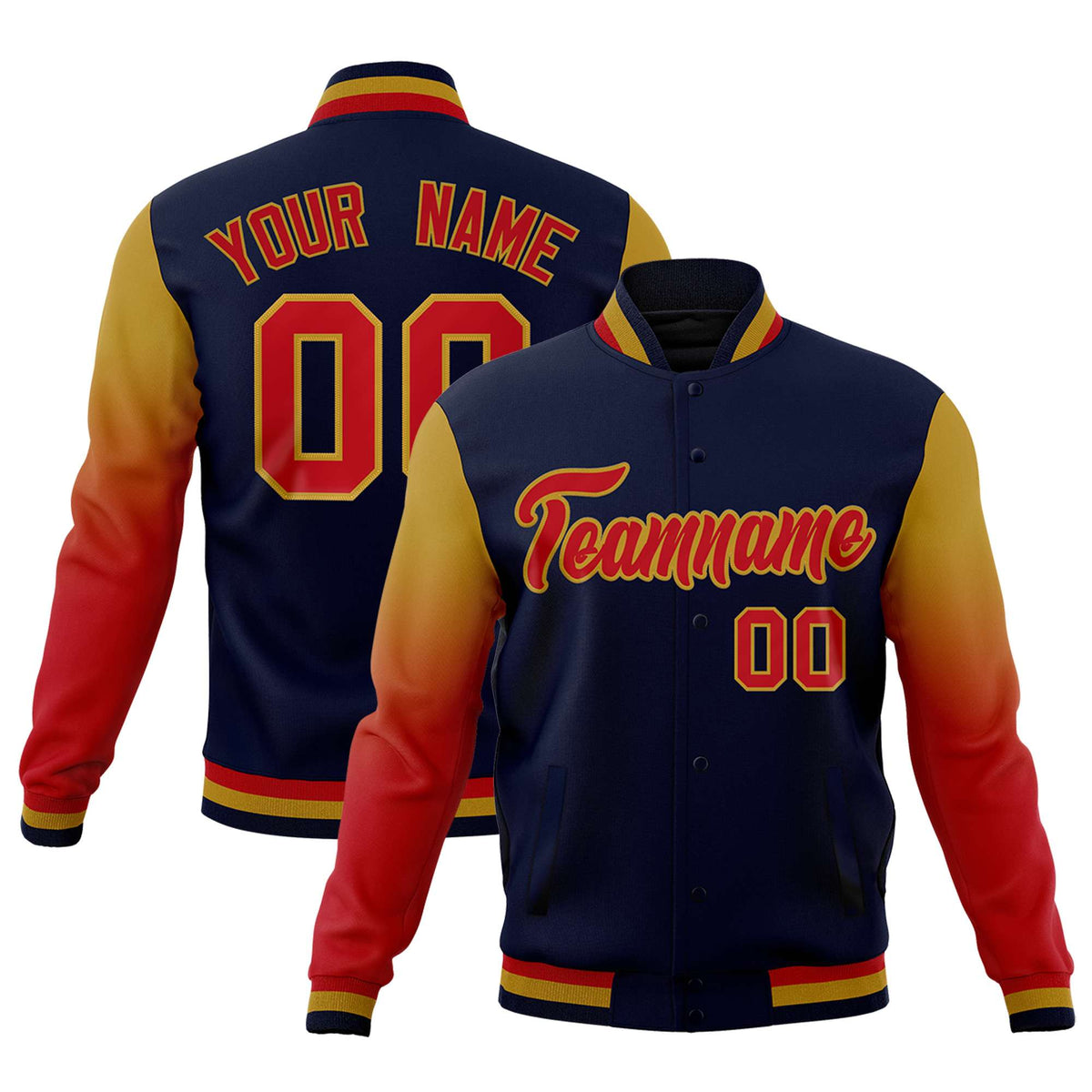 Custom Navy Red Old Gold Full-Snap Varsity Raglan Sleeves Gradient Letterman Jacket