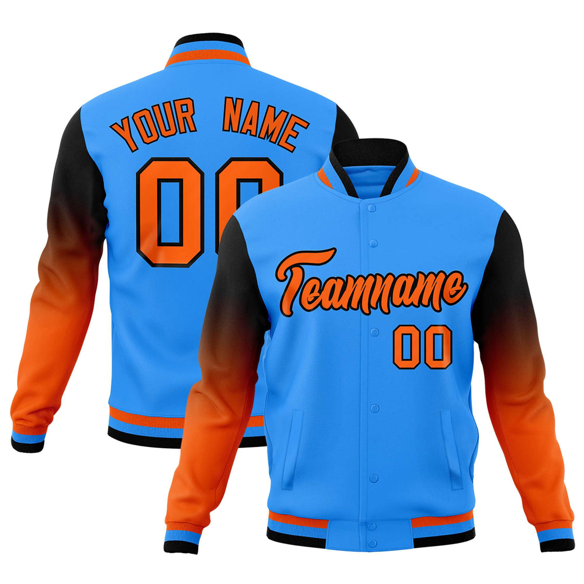 Custom Powder Blue Orange Black Full-Snap Varsity Raglan Sleeves Gradient Letterman Jacket