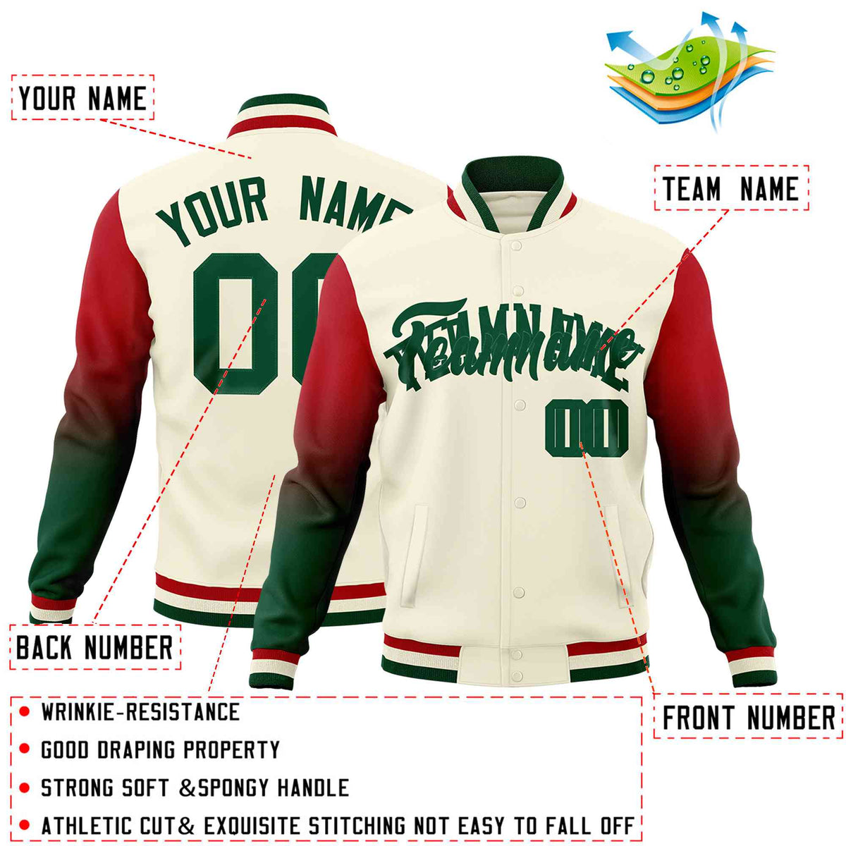 Custom Cream Green Red Full-Snap Varsity Raglan Sleeves Gradient Letterman Jacket