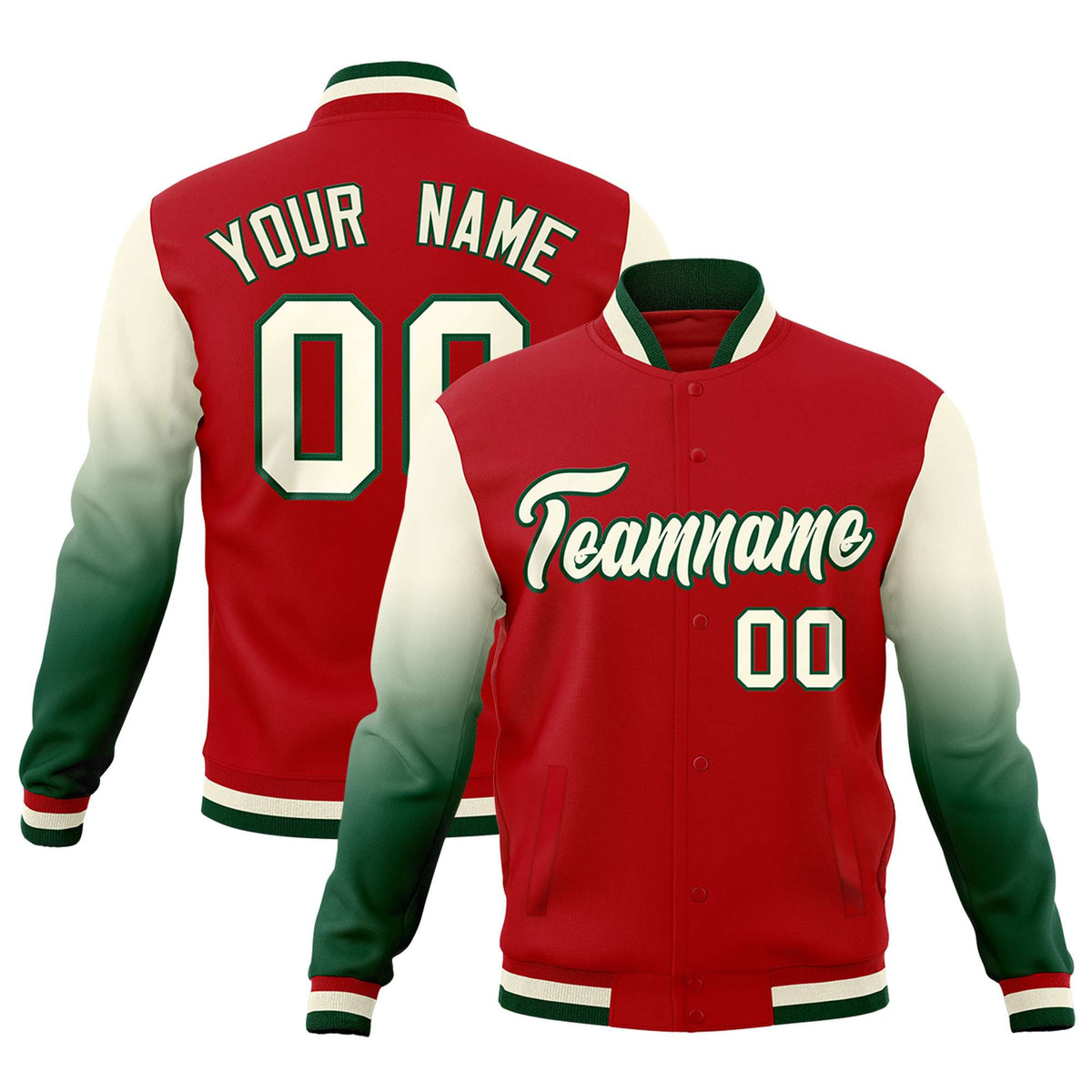 Custom Red Cream Green Full-Snap Varsity Raglan Sleeves Gradient Letterman Jacket
