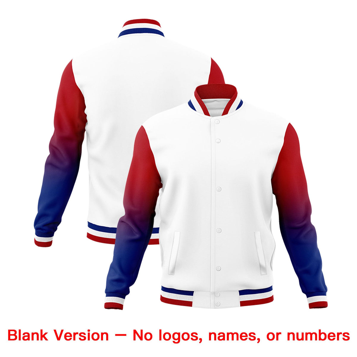 Custom White Red Royal Full-Snap Varsity Raglan Sleeves Gradient Letterman Jacket