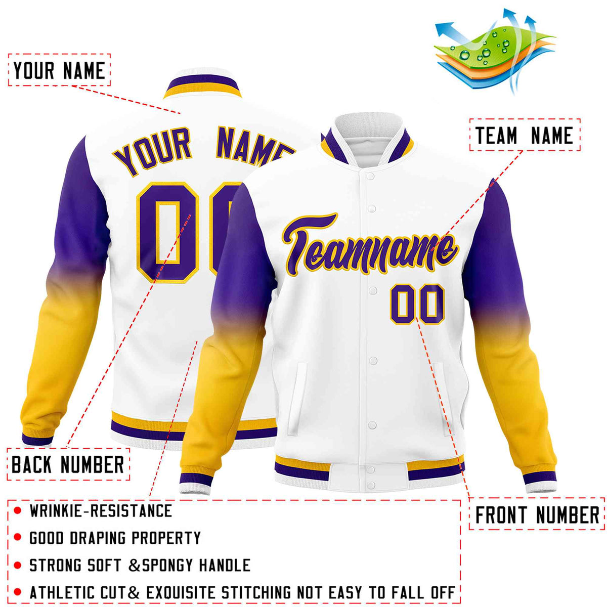 Custom White Purple Gold Full-Snap Varsity Raglan Sleeves Gradient Letterman Jacket