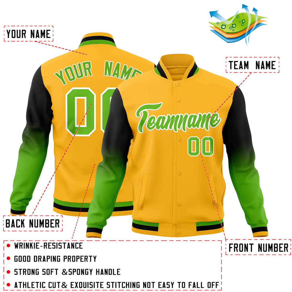 Custom Gold Green White Full-Snap Varsity Raglan Sleeves Gradient Letterman Jacket