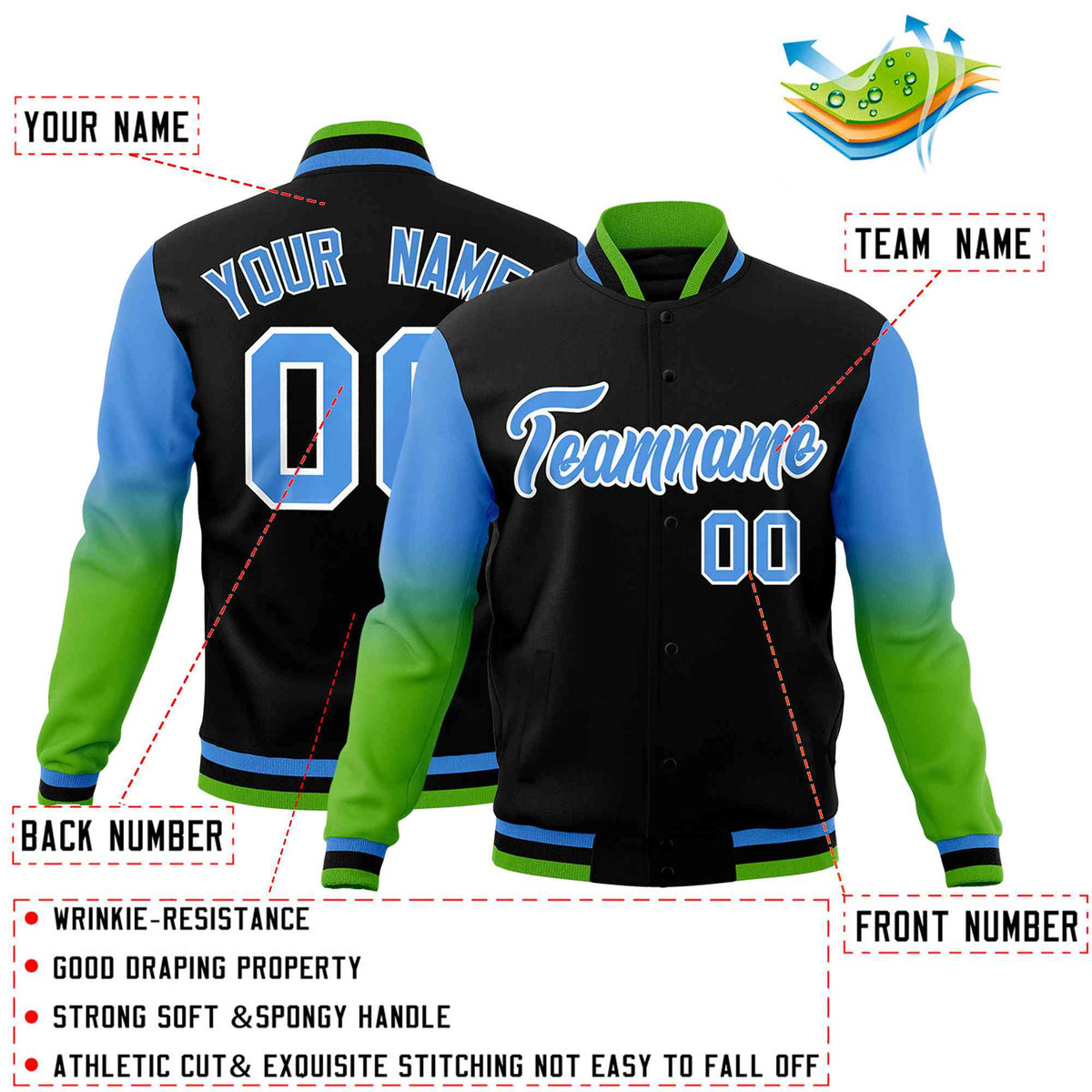 Custom Black Powder Blue White Full-Snap Varsity Raglan Sleeves Gradient Letterman Jacket