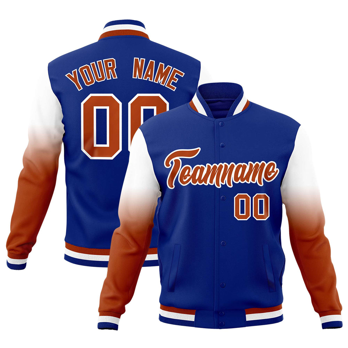 Custom Royal Blue Dark Orange White Full-Snap Varsity Raglan Sleeves Gradient Letterman Jacket
