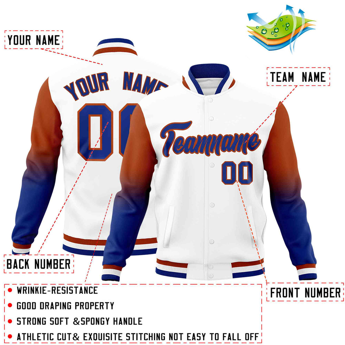 Custom White Royal Blue Dark Orange Full-Snap Varsity Raglan Sleeves Gradient Letterman Jacket