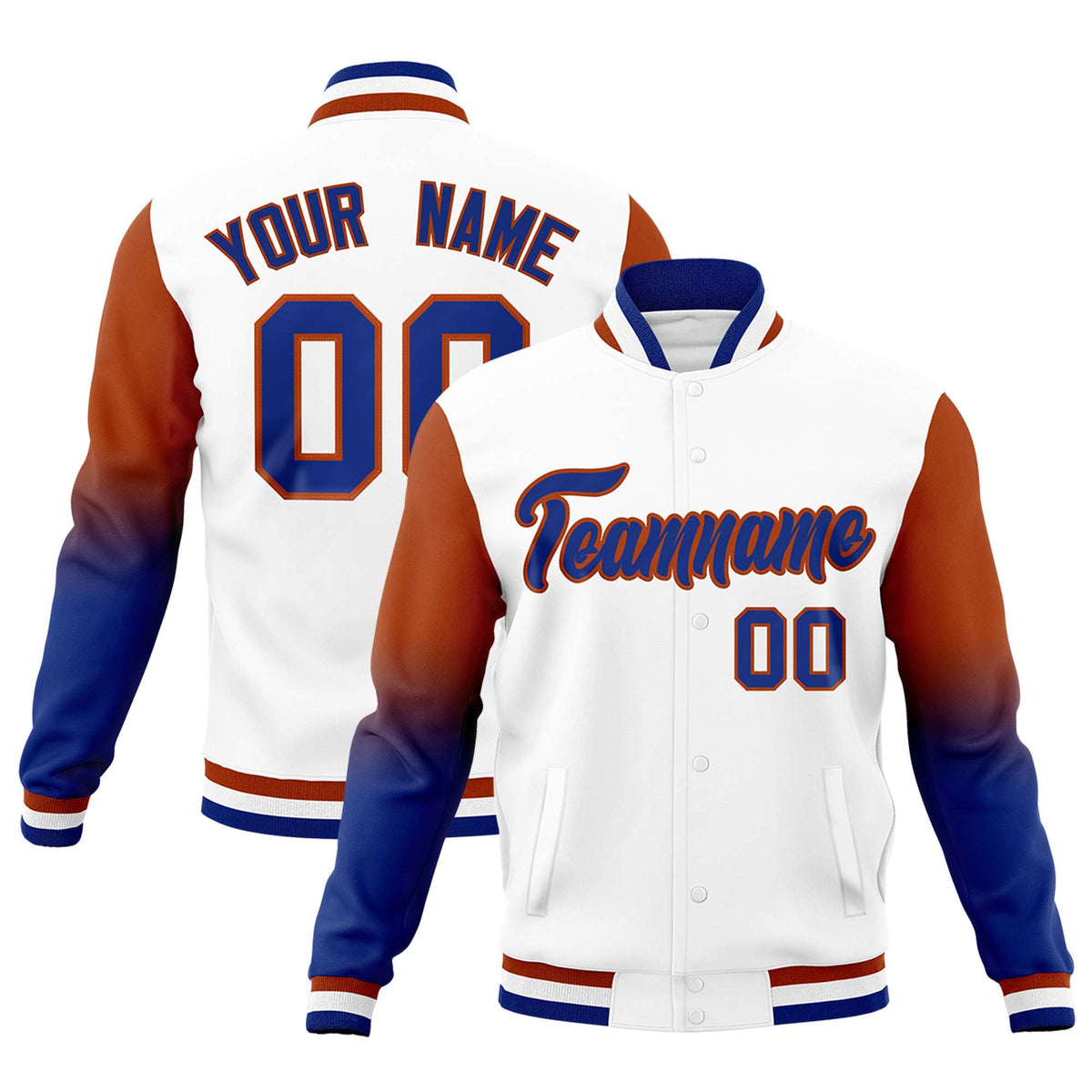 Custom White Royal Blue Dark Orange Full-Snap Varsity Raglan Sleeves Gradient Letterman Jacket