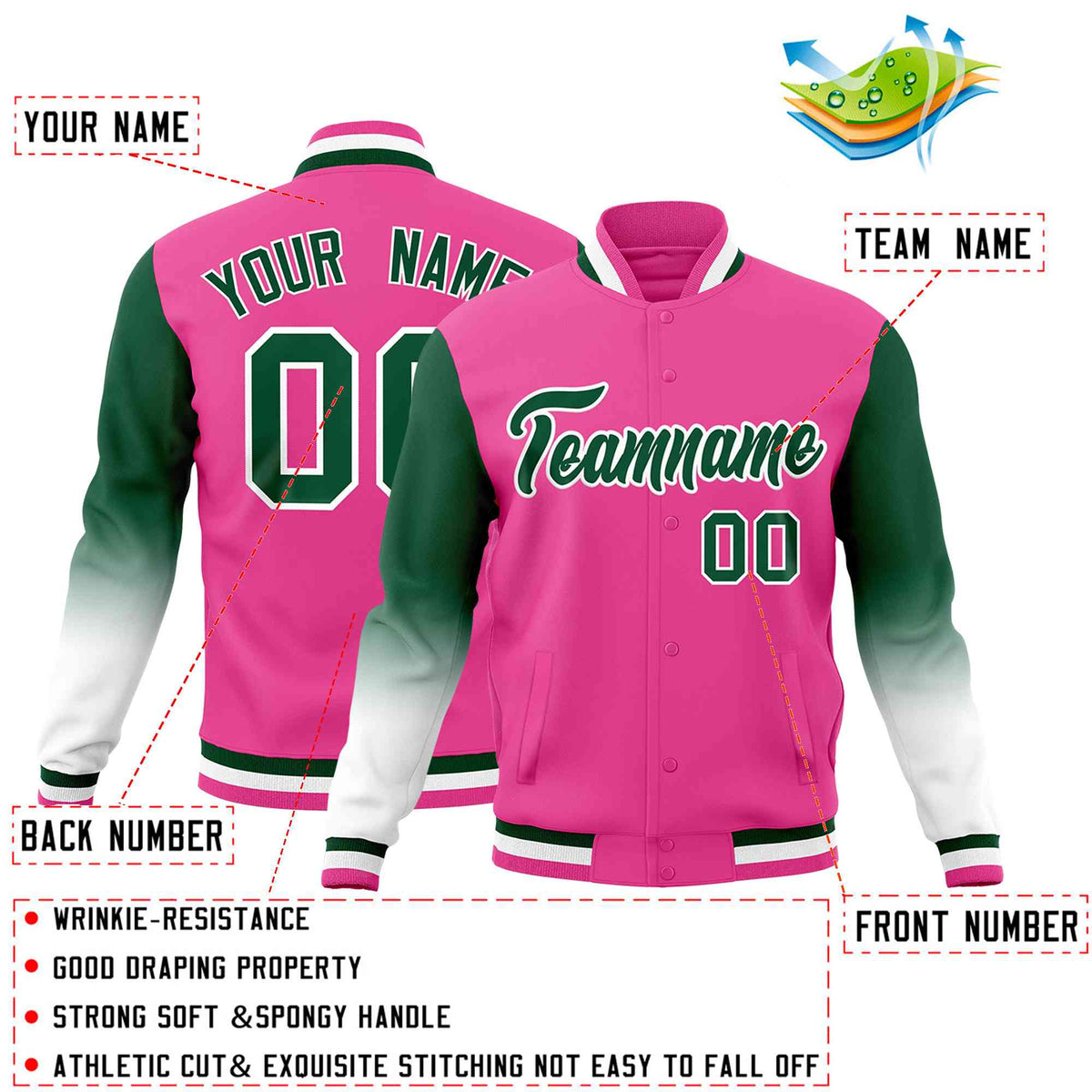 Custom Pink Green White Full-Snap Varsity Raglan Sleeves Gradient Letterman Jacket