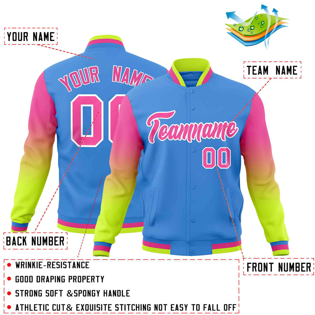 Custom Powder Blue Pink White Full-Snap Varsity Raglan Sleeves Gradient Letterman Jacket