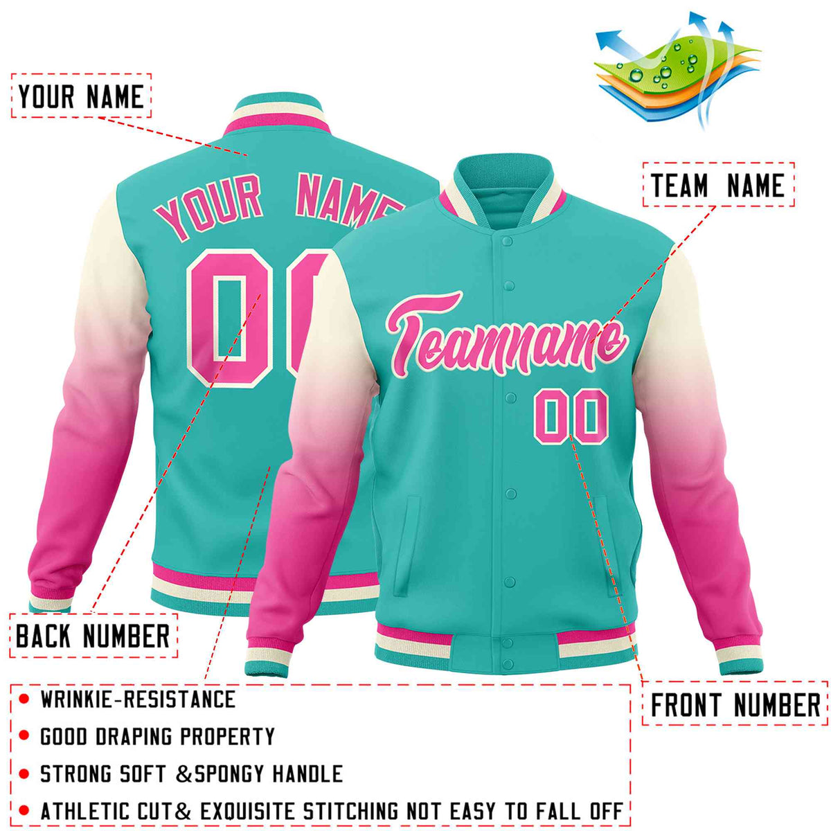 Custom Bright Green Pink Cream Full-Snap Varsity Raglan Sleeves Gradient Letterman Jacket