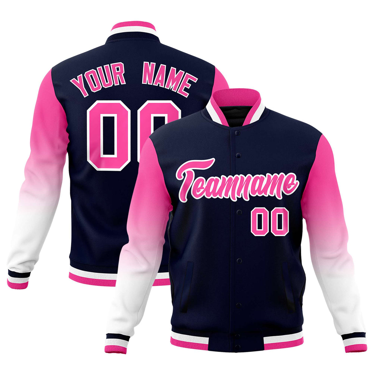 Custom Navy Pink White Full-Snap Varsity Raglan Sleeves Gradient Letterman Jacket