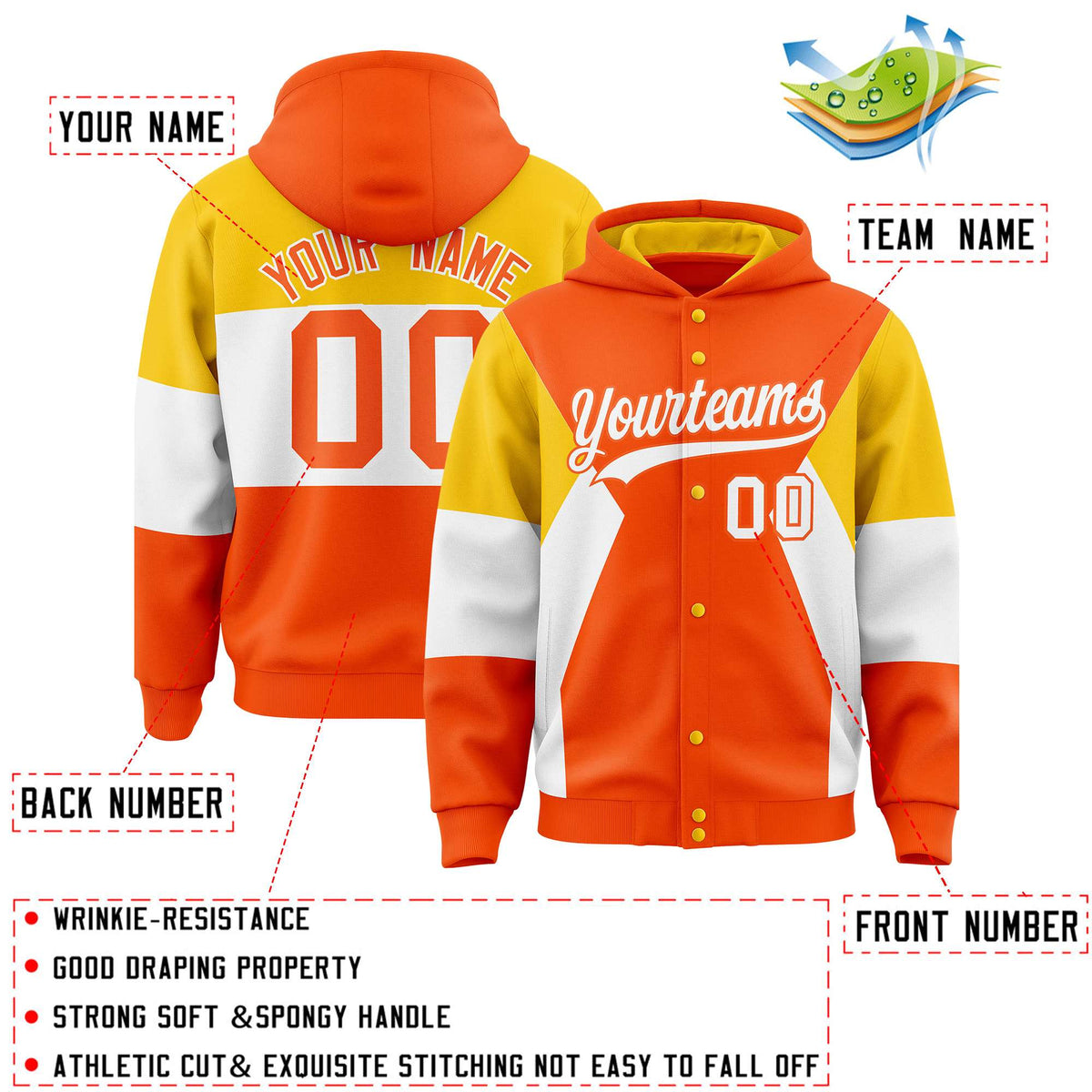 Custom Orange Gold-White Color Block Varsity Full-Snap Letterman Hoodie Jacket