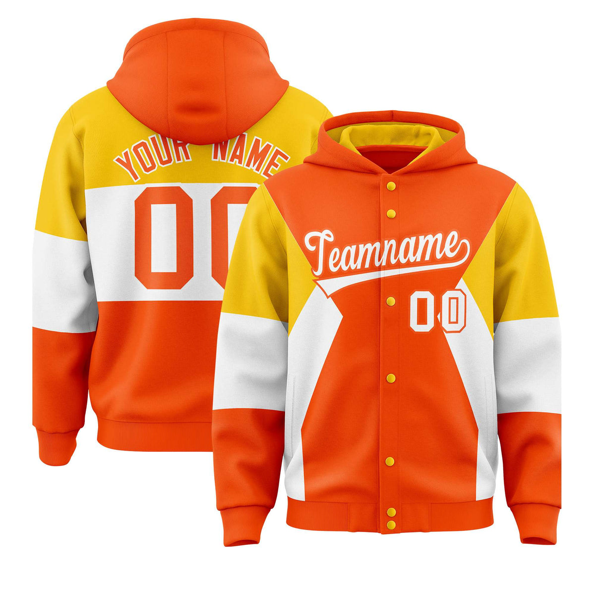 Custom Orange Gold-White Color Block Varsity Full-Snap Letterman Hoodie Jacket