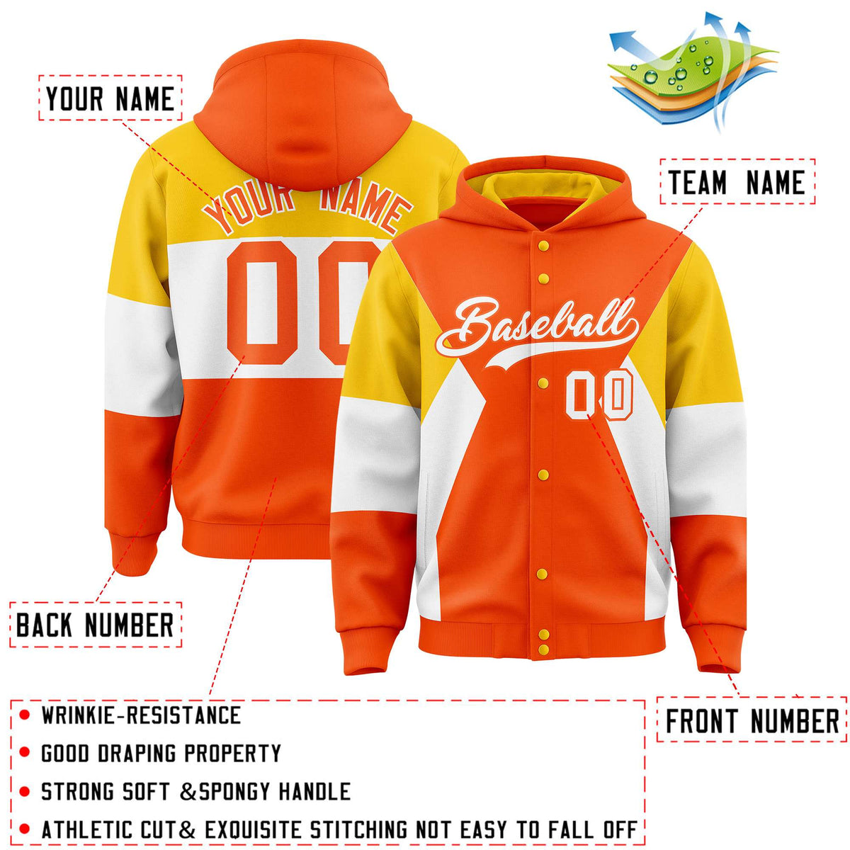 Custom Orange Gold-White Color Block Varsity Full-Snap Letterman Hoodie Jacket