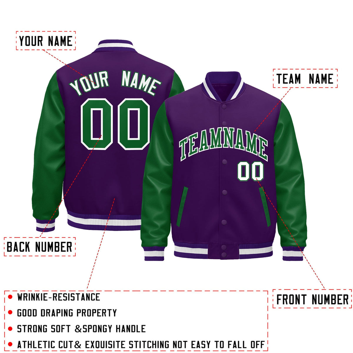 Custom Purple Kelly Green White Raglan Sleeves Varsity Full-Snap Leather Sleeves Letterman Jacket| KXKSHOP