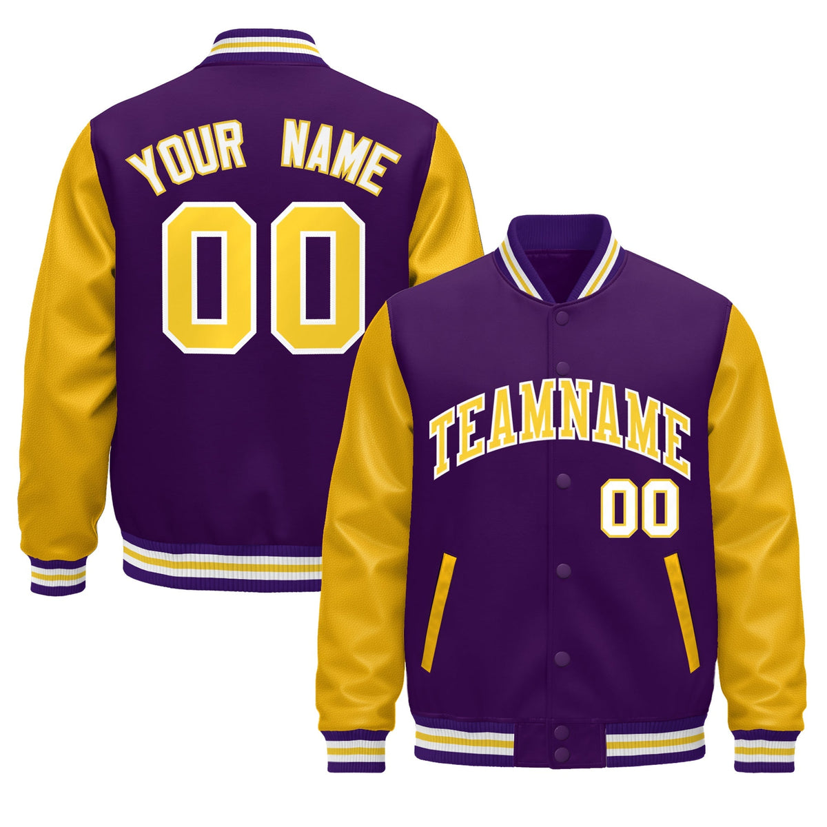 Custom Purple Gold White Raglan Sleeves Varsity Full-Snap Leather Sleeves Letterman Jacket| KXKSHOP