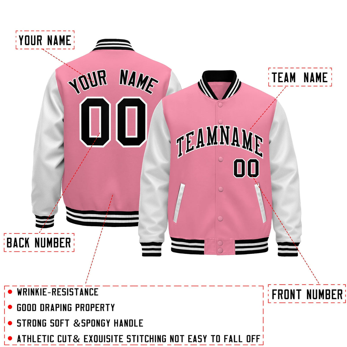 Custom Light Pink White Black Raglan Sleeves Varsity Full-Snap Leather Sleeves Letterman Jacket| KXKSHOP