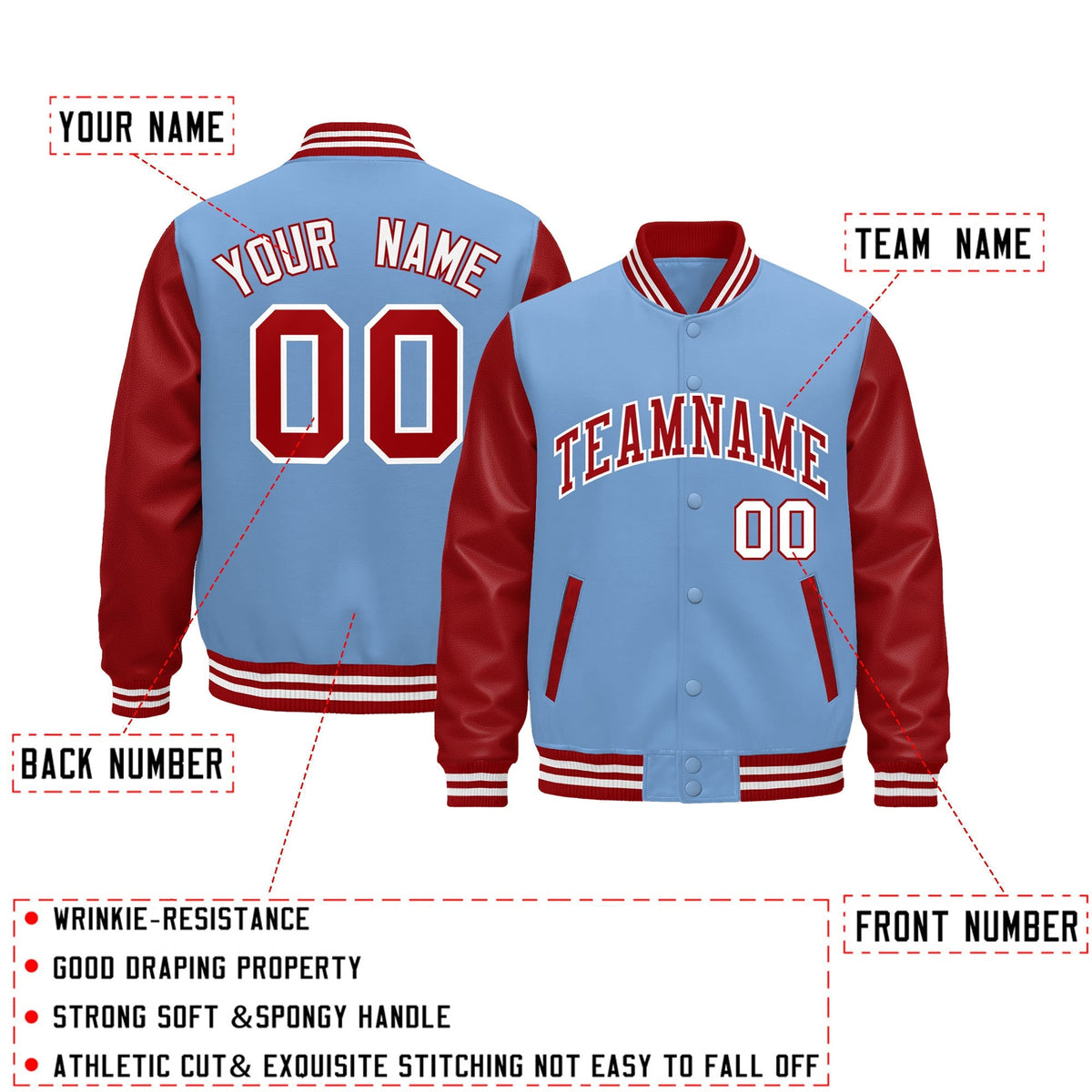 Custom Light Blue Red White Raglan Sleeves Varsity Full-Snap Leather Sleeves Letterman Jacket| KXKSHOP