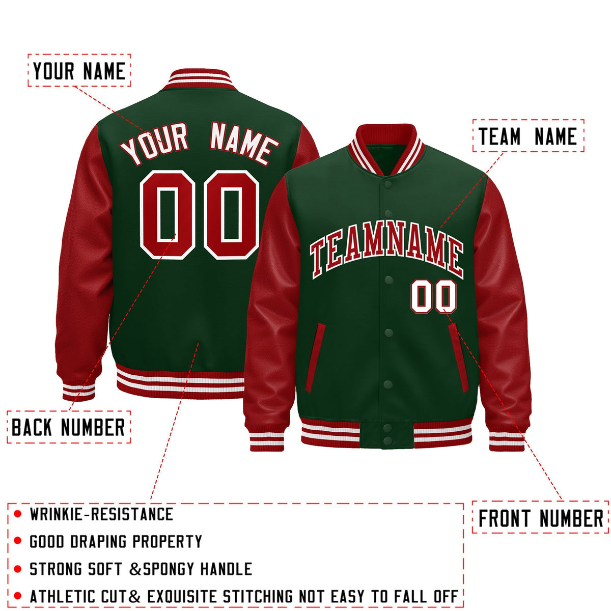 Custom Dark Green Red White Raglan Sleeves Varsity Full-Snap Leather Sleeves Letterman Jacket| KXKSHOP