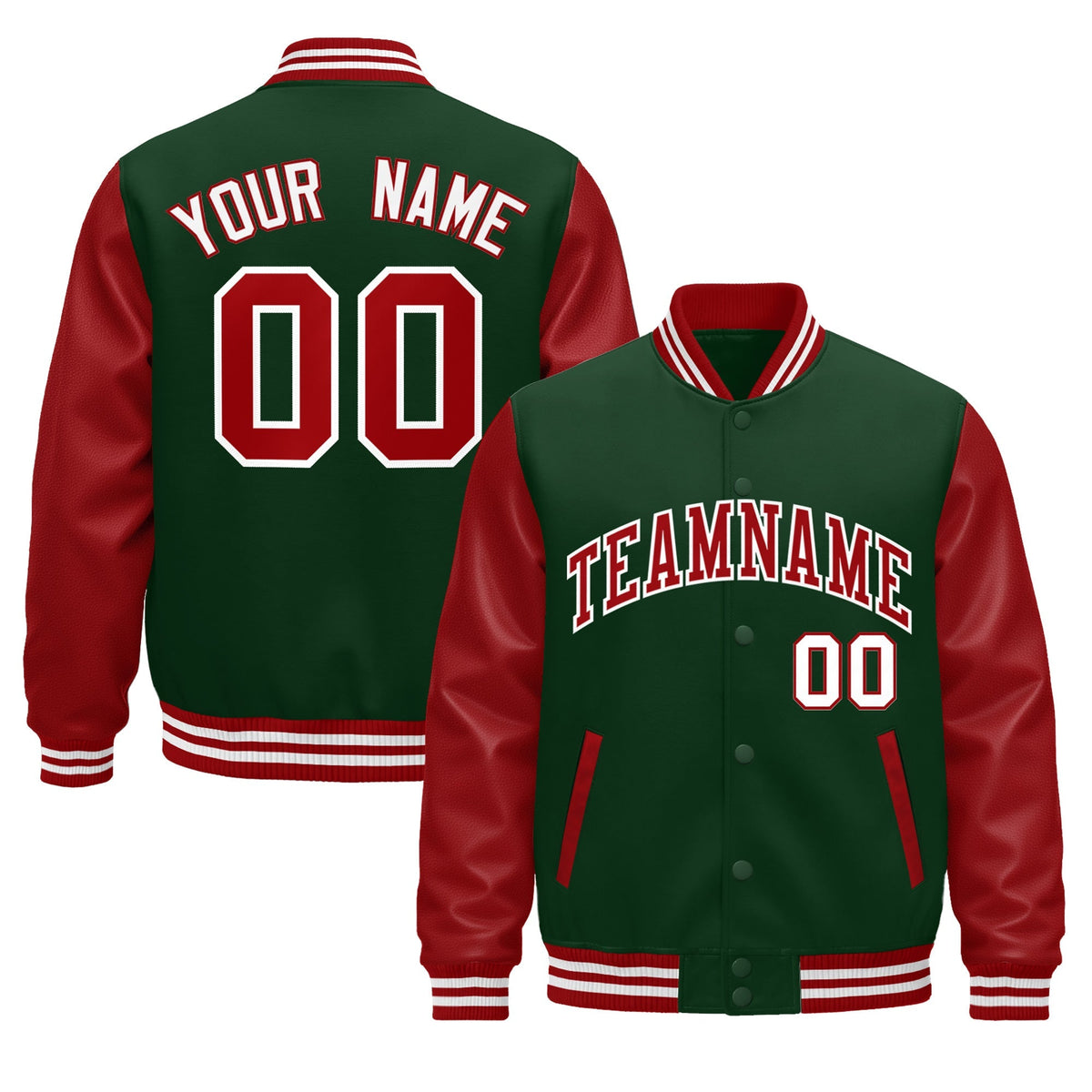 Custom Dark Green Red White Raglan Sleeves Varsity Full-Snap Leather Sleeves Letterman Jacket| KXKSHOP