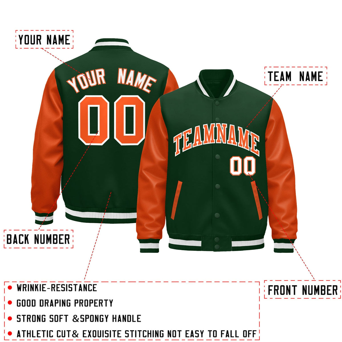 Custom Dark Green Orange White Raglan Sleeves Varsity Full-Snap Leather Sleeves Letterman Jacket| KXKSHOP