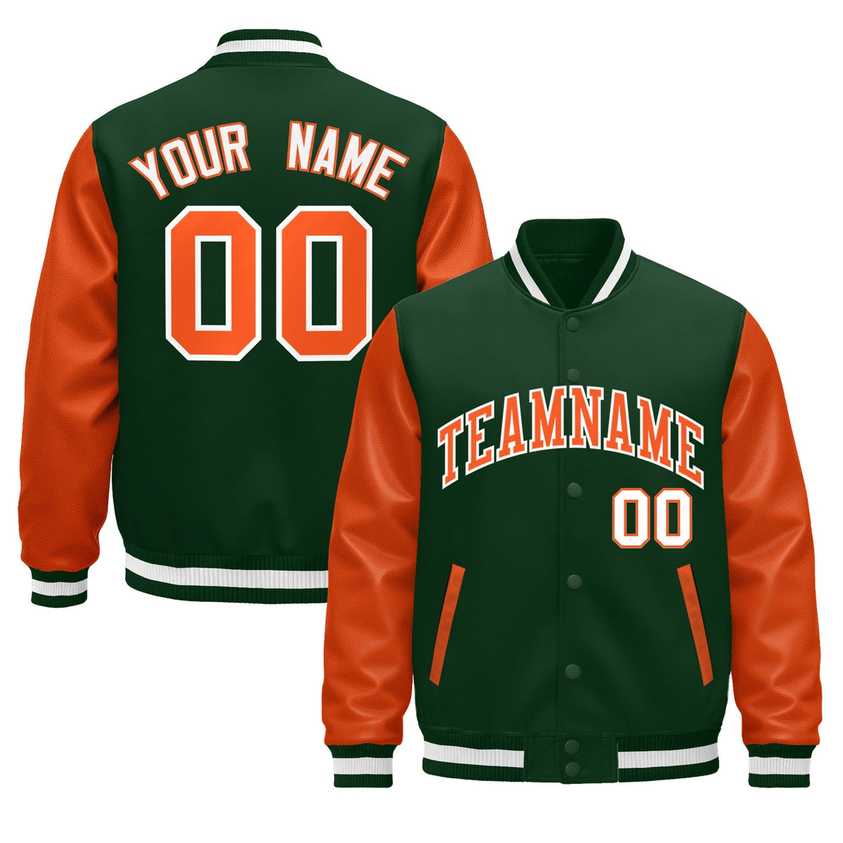 Custom Dark Green Orange White Raglan Sleeves Varsity Full-Snap Leather Sleeves Letterman Jacket| KXKSHOP