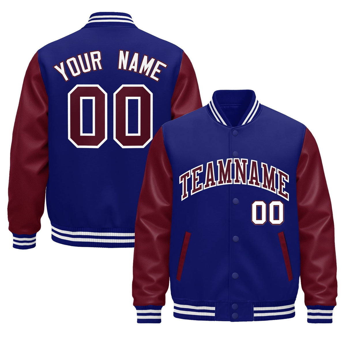 Custom Royal Blue Burgundy White Raglan Sleeves Varsity Full-Snap Leather Sleeves Letterman Jacket| KXKSHOP