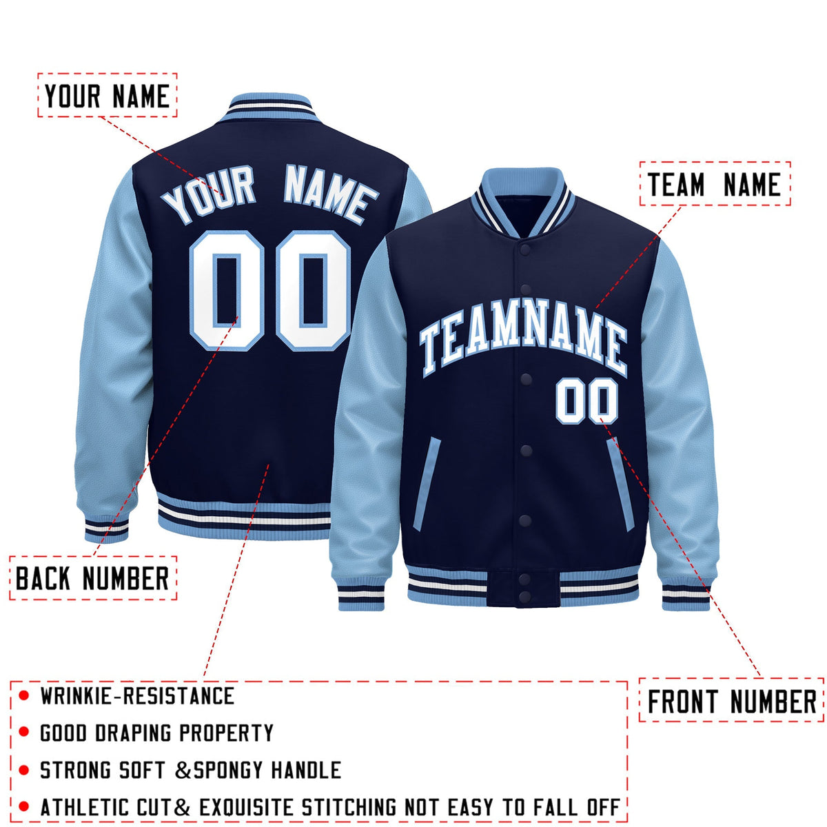 Custom Light Blue Navy White Raglan Sleeves Varsity Full-Snap Leather Sleeves Letterman Jacket| KXKSHOP