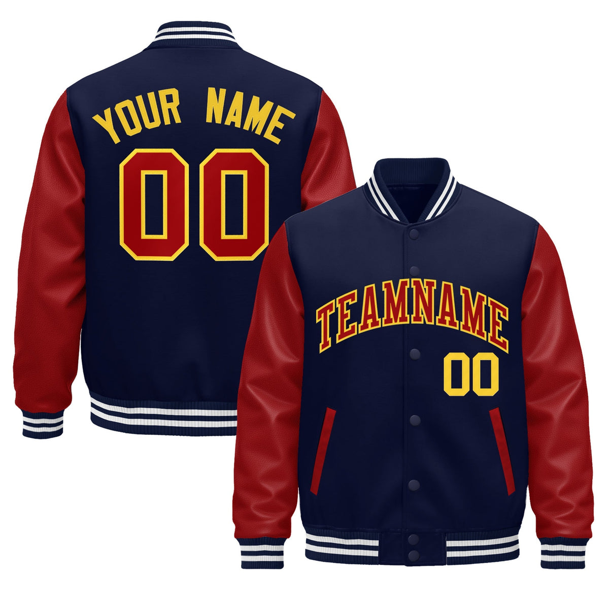 Custom Navy Red White Gold Raglan Sleeves Varsity Full-Snap Leather Sleeves Letterman Jacket| KXKSHOP