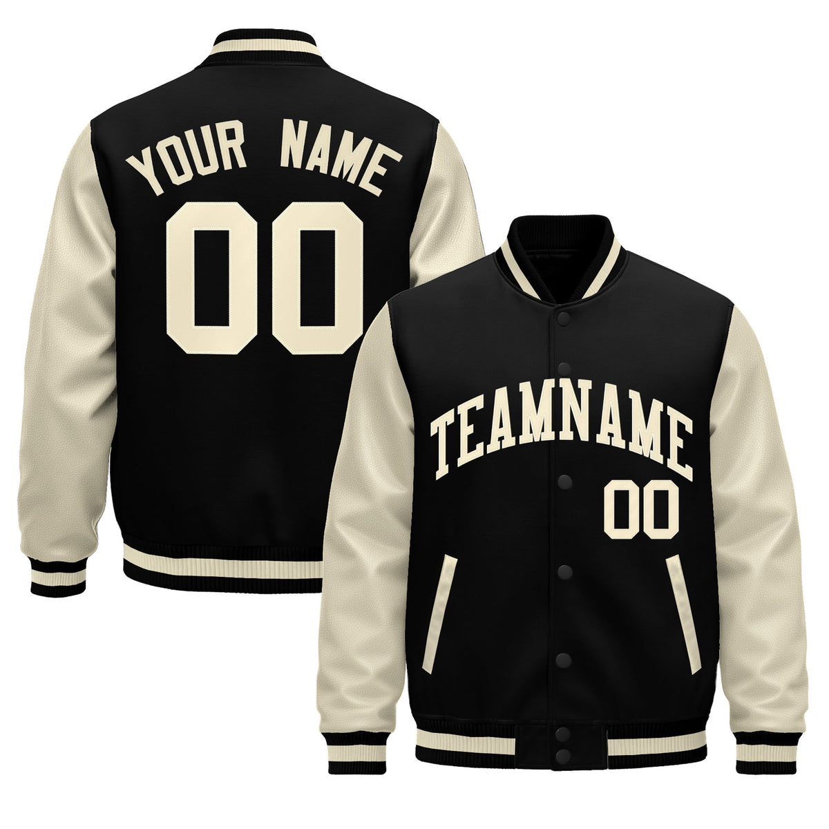 Custom Black Cream Raglan Sleeves Varsity Full-Snap Leather Sleeves Letterman Jacket| KXKSHOP