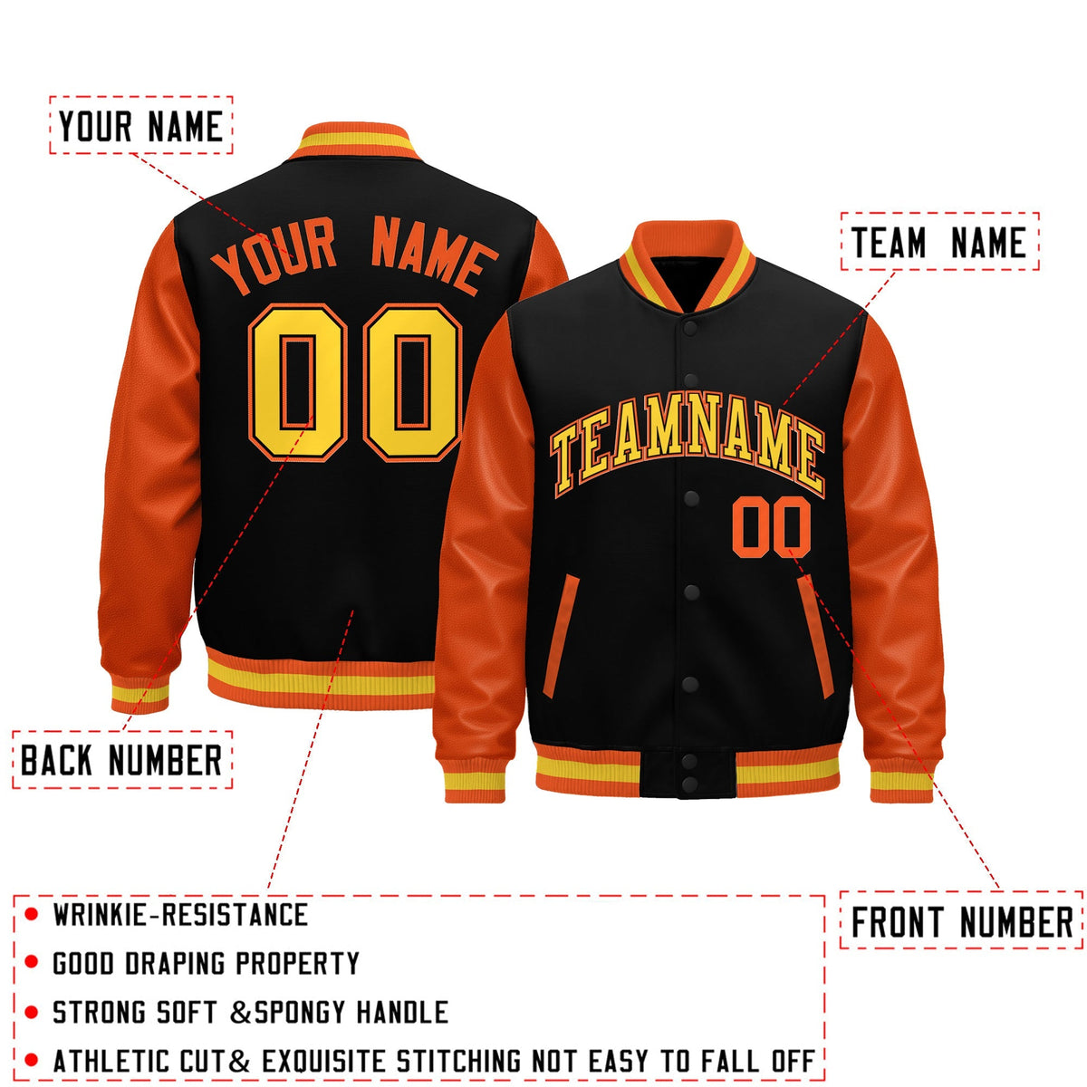 Custom Black Orange Gold Raglan Sleeves Varsity Full-Snap Leather Sleeves Letterman Jacket| KXKSHOP