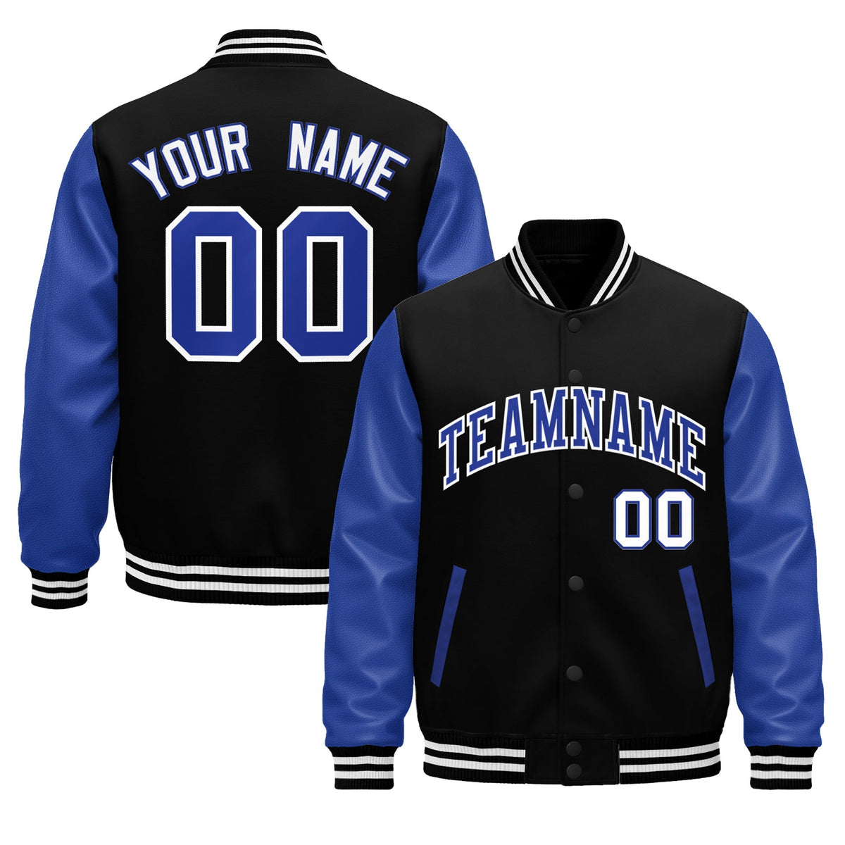 Custom Black Royal Blue White Raglan Sleeves Varsity Full-Snap Leather Sleeves Letterman Jacket| KXKSHOP