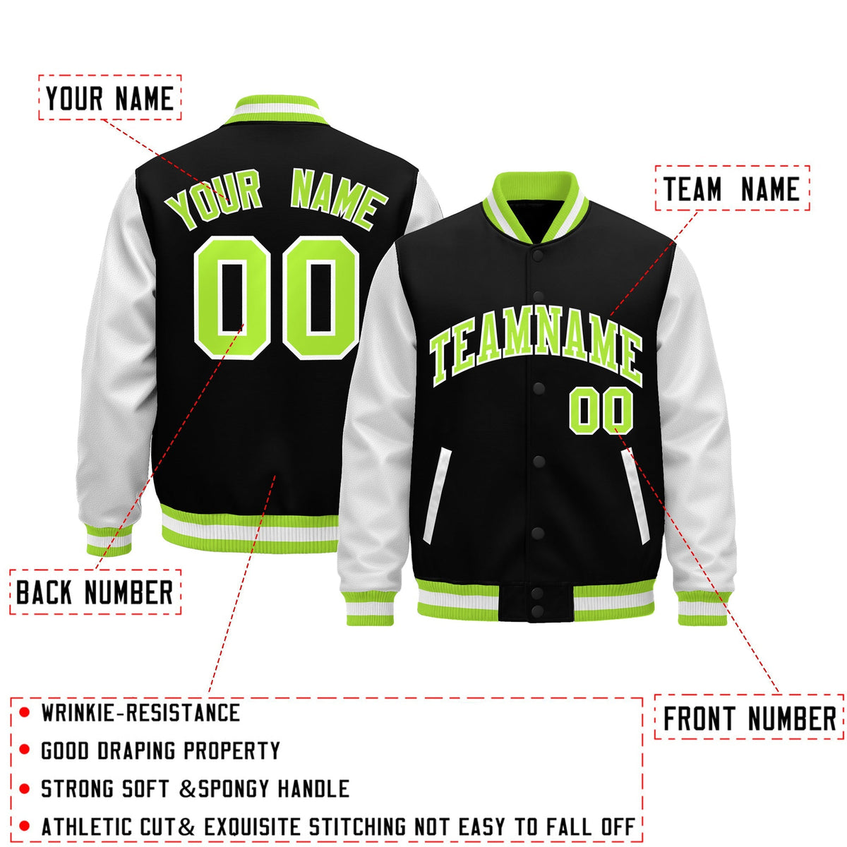Custom Black Neon Green White Raglan Sleeves Varsity Full-Snap Leather Sleeves Letterman Jacket| KXKSHOP