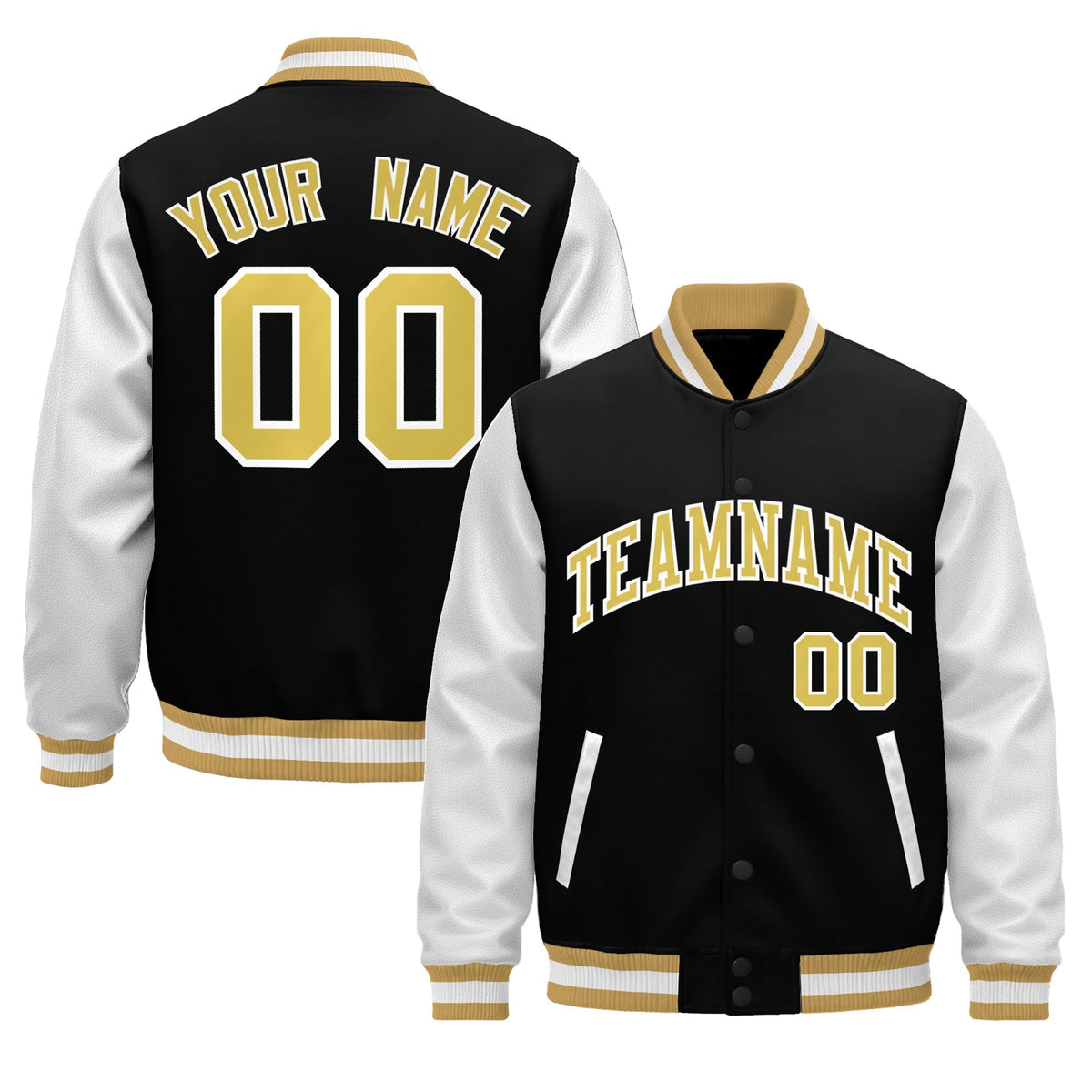 Custom Black Old Gold White Raglan Sleeves Varsity Full-Snap Leather Sleeves Letterman Jacket| KXKSHOP