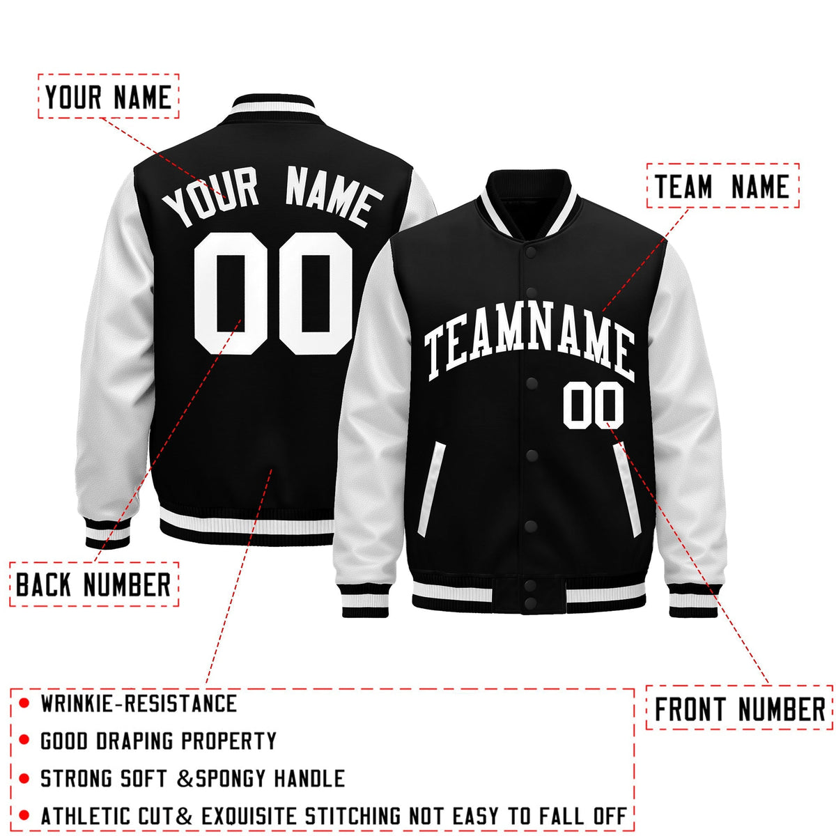 Custom White Black Raglan Sleeves Varsity Full-Snap Leather Sleeves Letterman Jacket| KXKSHOP