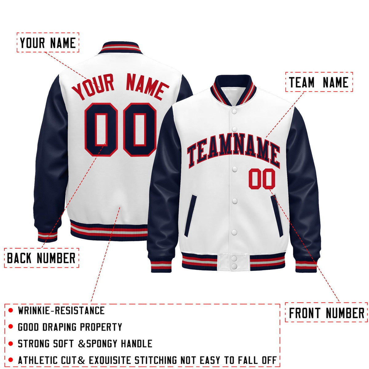 Custom Navy White Red Gray Raglan Sleeves Varsity Full-Snap Leather Sleeves Letterman Jacket| KXKSHOP