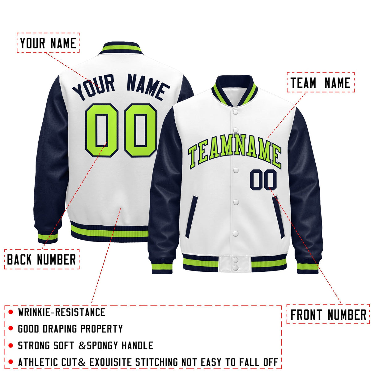 Custom Navy White Neon Green Raglan Sleeves Varsity Full-Snap Leather Sleeves Letterman Jacket| KXKSHOP