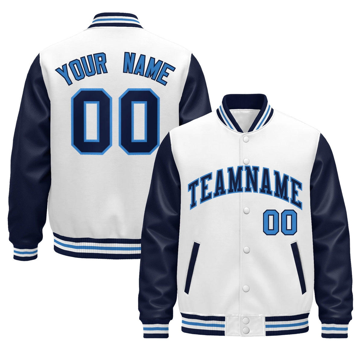 Custom Navy White Powder Blue Raglan Sleeves Varsity Full-Snap Leather Sleeves Letterman Jacket| KXKSHOP