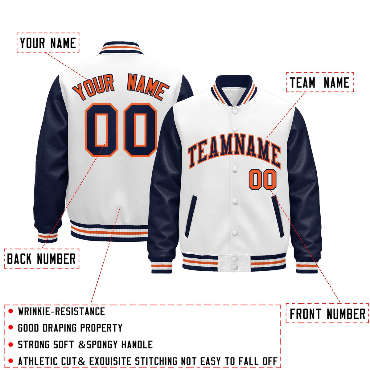 Custom Navy White Orange Raglan Sleeves Varsity Full-Snap Leather Sleeves Letterman Jacket| KXKSHOP