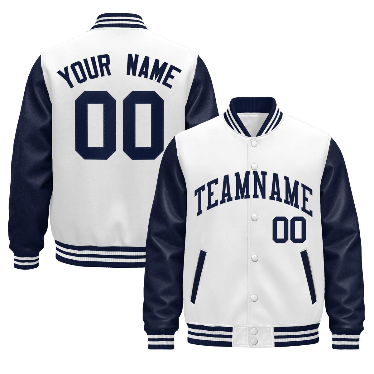 Custom Navy White Raglan Sleeves Varsity Full-Snap Leather Sleeves Letterman Jacket| KXKSHOP