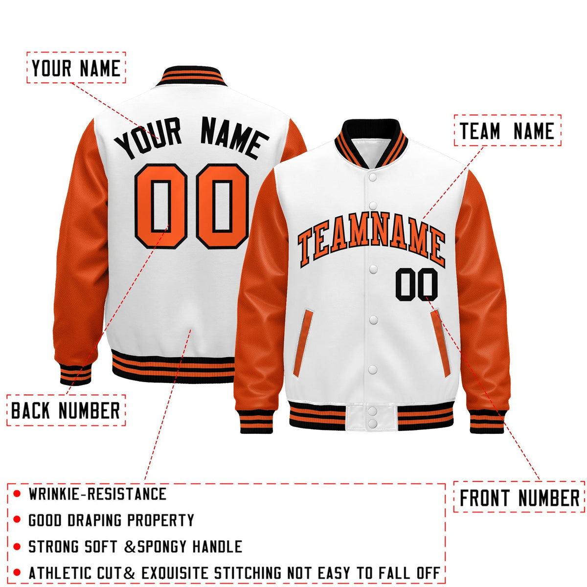 Custom Orange White Black Raglan Sleeves Varsity Full-Snap Leather Sleeves Letterman Jacket| KXKSHOP