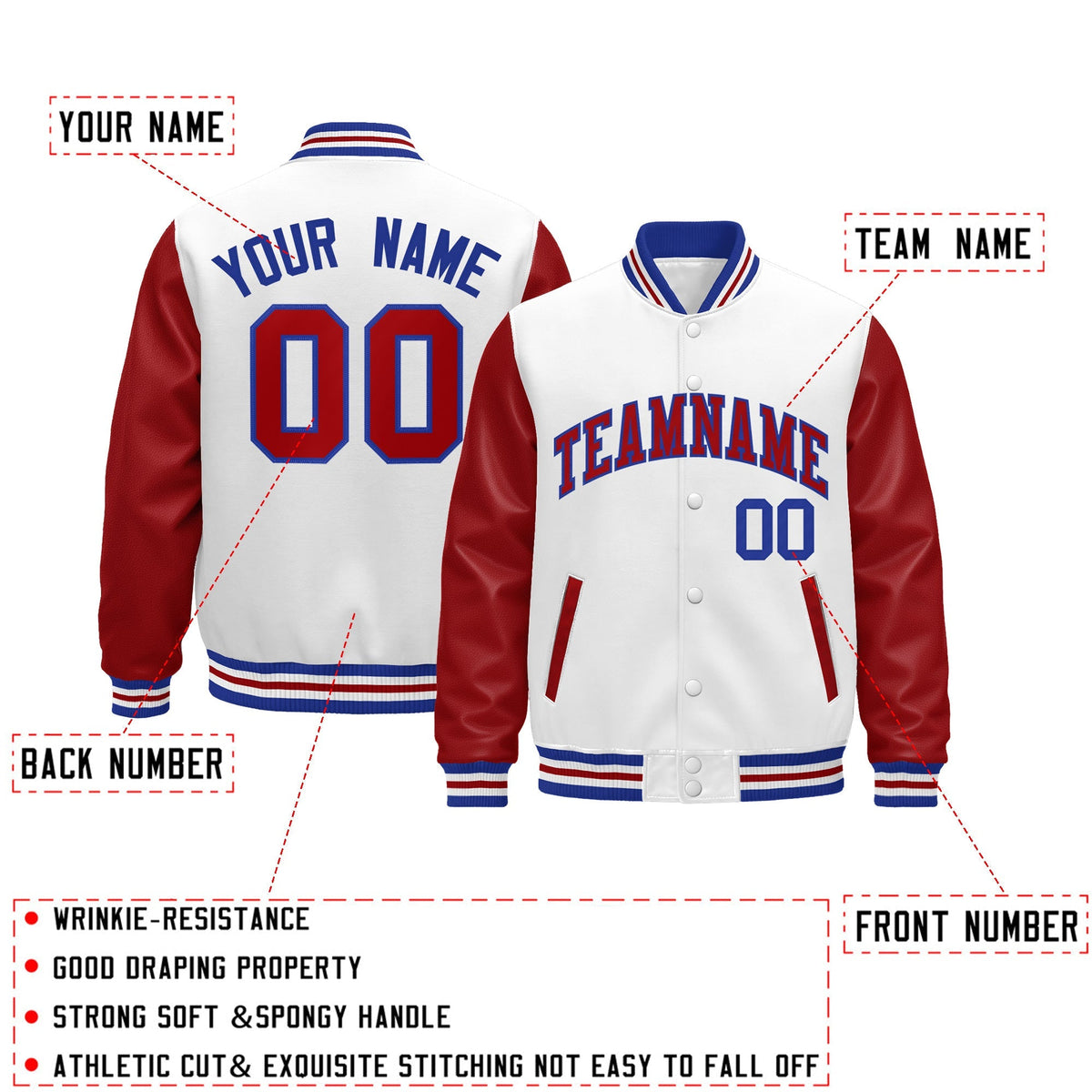 Custom White Red Royal Blue Raglan Sleeves Varsity Full-Snap Leather Sleeves Letterman Jacket| KXKSHOP