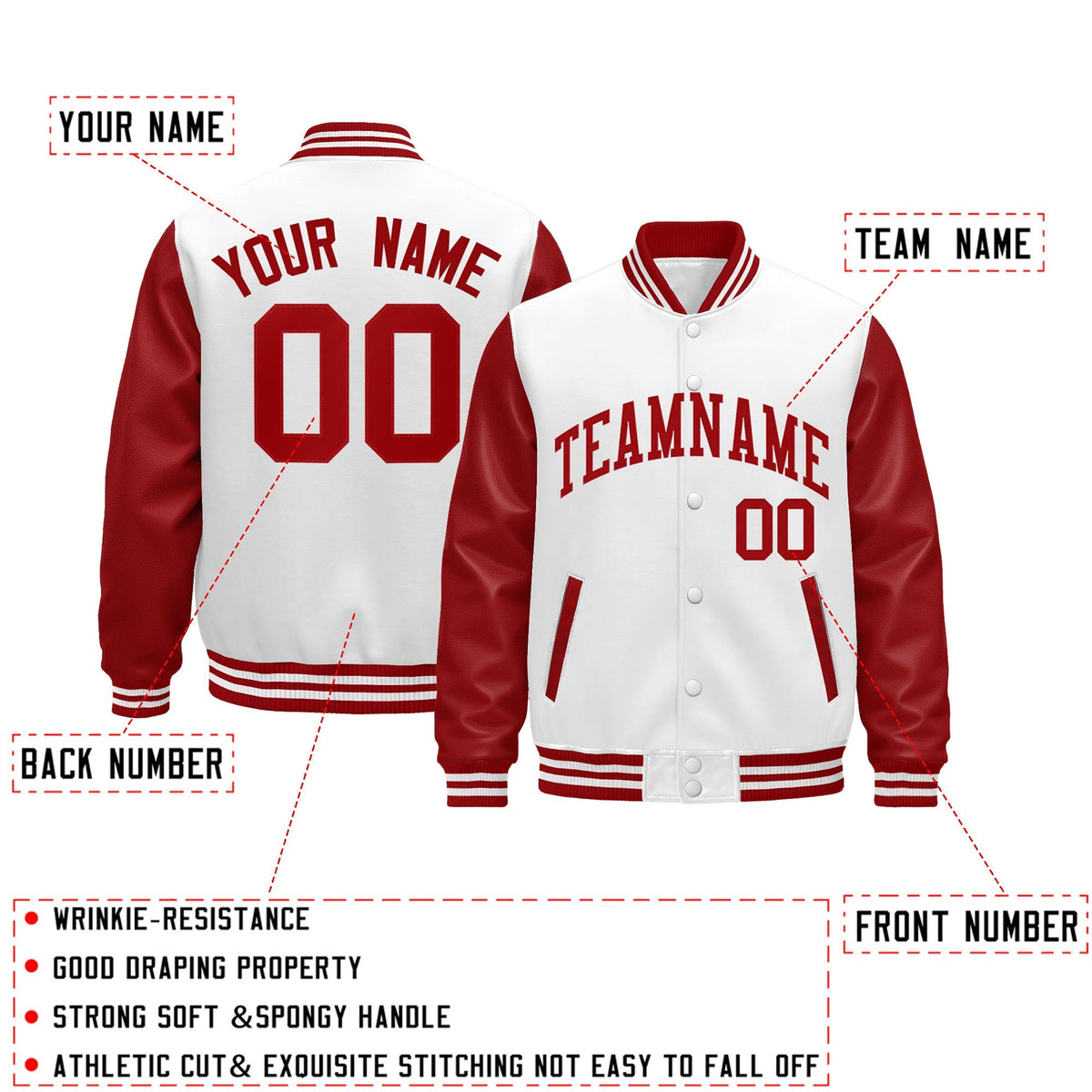 Custom Red White Raglan Sleeves Varsity Full-Snap Leather Sleeves Letterman Jacket| KXKSHOP